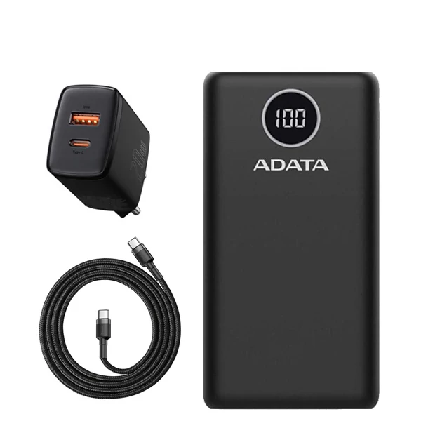 Повербанк (Power Bank) ADATA 18W 20000mAh P20000QCD Black + USB-C Type-C и адаптер ЕС
