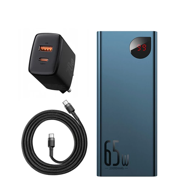 Повербанк (Power Bank) Baseus 65W 20000mAh PPIMDA-D03 Blue с поддержкой зарядки ноутбука + USB-C Type-C и адаптер ЕС