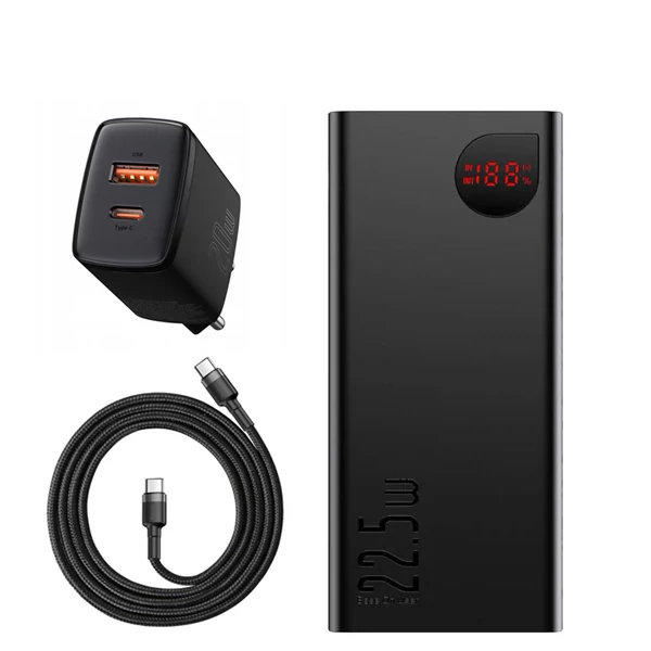 Повербанк (Power Bank) Baseus 22.5W 20000mAh Adaman Metal Black + USB-C Type-C и адаптер ЕС