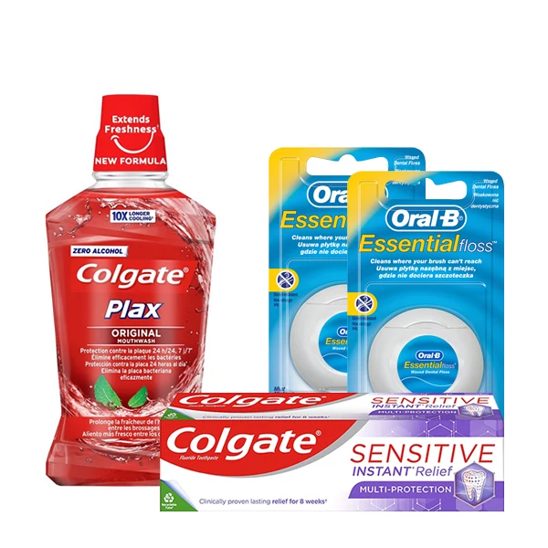 Набор Зубная паста Colgate Sensitive Instant Relief + Ополаскиватель Colgate Plax Original + Зубная нить Oral-B Essential Floss (2 шт.) ЕС
