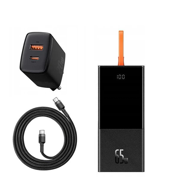 Повербанк (Power Bank) Baseus 65W 20000mAh PPJL000001 Black с поддержкой зарядки ноутбука + USB-C Type-C и адаптер ЕС