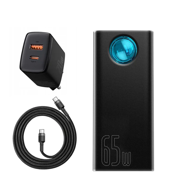 Повербанк (Power Bank) Baseus 65W 30000mAh PPLG-A01/PPLG000101 Black с поддержкой зарядки ноутбука + USB-C Type-C и адаптер ЕС