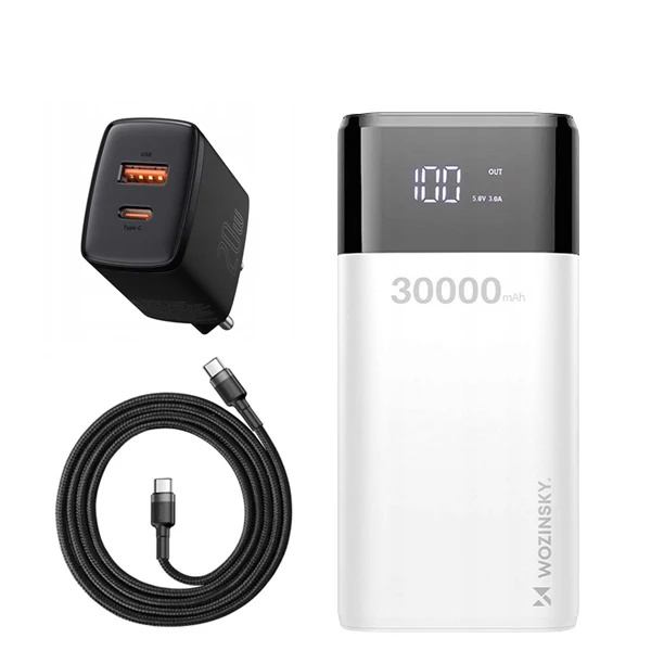 Повербанк (Power Bank) Wozinsky 20W 30000mAh WPB-001WE White + USB-C Type-C и адаптер ЕС