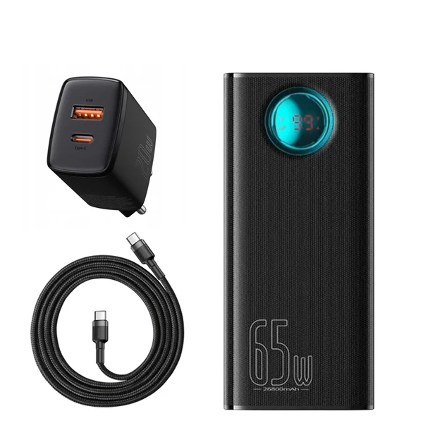 Повербанк (Power Bank) Baseus 65W 26800mAh P10022402113-00 Black с поддержкой зарядки ноутбука + USB-C Type-C и адаптер