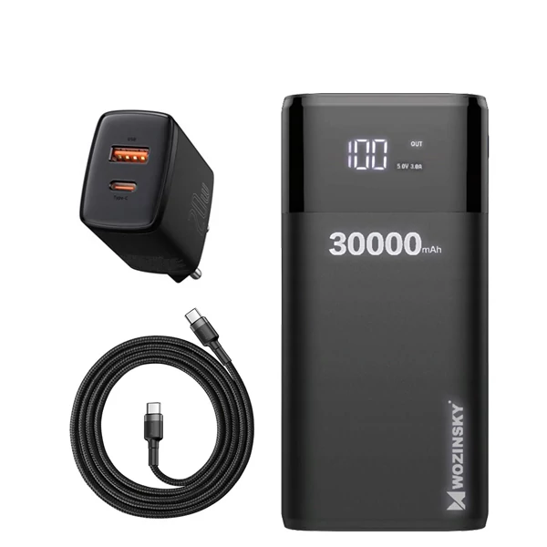Повербанк (Power Bank) Wozinsky 20W 30000mAh WPB-001BK Black + USB-C Type-C и адаптер ЕС