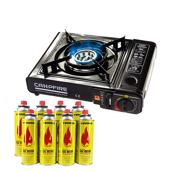 Плитка газовая CAMPFIRE TAE041 с переходником на большой баллон + 8 газовых баллонов ЕС