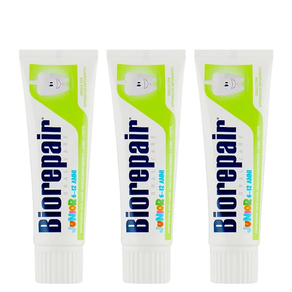 Детская зубная паста Biorepair Junior (6-12 лет) для укрепления и реминерализации со вкусом мяты (без фтора) (75 мл.) (3 шт.) ЕС