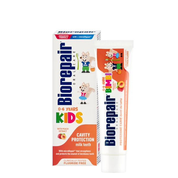 Детская зубная паста Biorepair Kids (0-6 лет) для укрепления и защиты молочных зубов со вкусом персика (без фтора) (50 мл.) ЕС