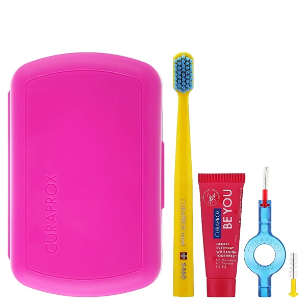 Дорожный набор Curaprox Be you Pink: Мануальная зубная щетка CS 5460 + Зубная паста Be you джин-тоник (10 мл.)