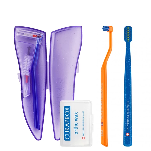 Ортодонтический набор Curaprox: щетка CS 5460 ortho, CS 708, ершик CPS 07,14,18 + футляр, ортодонтический воск