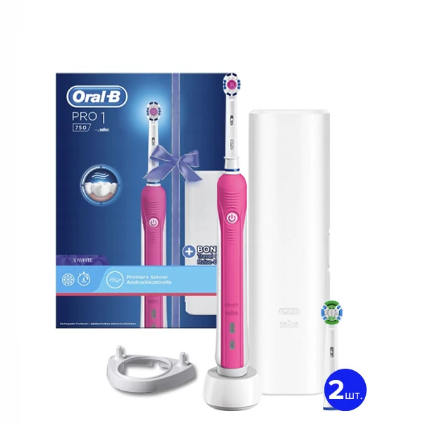 Зубная щетка Oral-B D16 Pro 1 750 3DWhite Pink (3 нас.) + рожок ЕС
