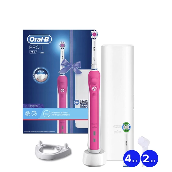 Зубная щетка Oral-B D16 Pro 1 750 3DWhite Pink (5 нас.) + рожок ЕС