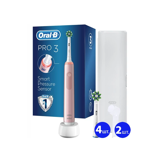 Зубная щетка Oral-B D505 PRO 3 3500 Cross Action Pink с футляром (5 нас.) + 2 колпачка ЕС