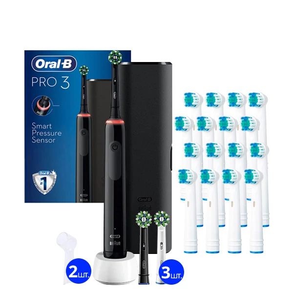 Зубная щетка Oral-B D505 PRO 3 3500 Cross Action Black с футляром (5 нас.) + 2 колпачка