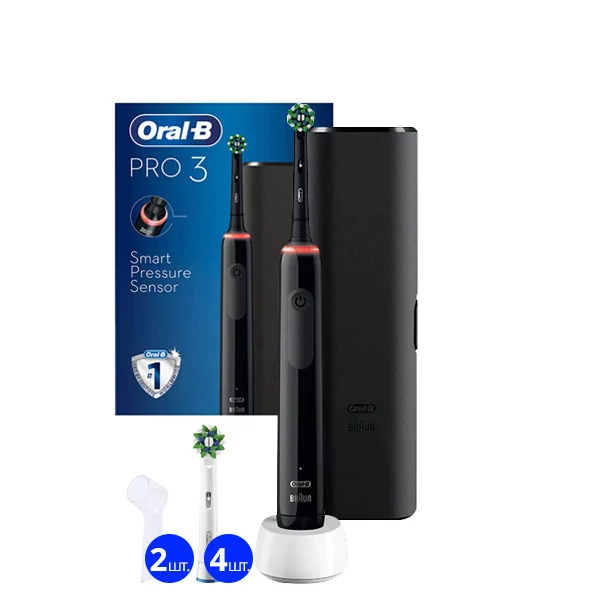 Зубная щетка Oral-B D505 PRO 3 3500 Cross Action Black с футляром (5 нас.) + 2 колпачка