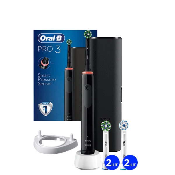 Зубная щетка Oral-B D505 PRO 3 3500 Cross Action Black с футляром (5 нас.) + рожок
