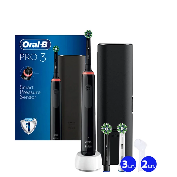 Зубная щетка Oral-B D505 PRO 3 3500 Cross Action Black с футляром (5 нас.) + 2 колпачка