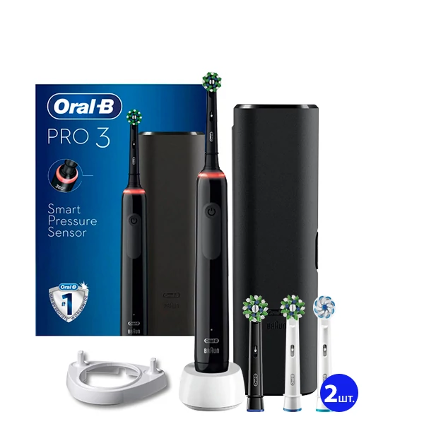 Зубная щетка Oral-B D505 PRO 3 3500 Cross Action Black с футляром (5 нас.) + рожок