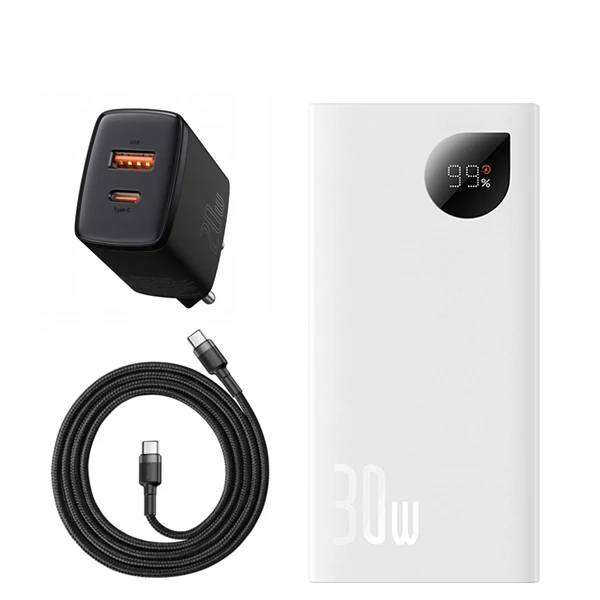 Повербанк (Power Bank) Baseus 30W 10000mAh PPAD040002 White + USB-C Type-C и адаптер ЕС